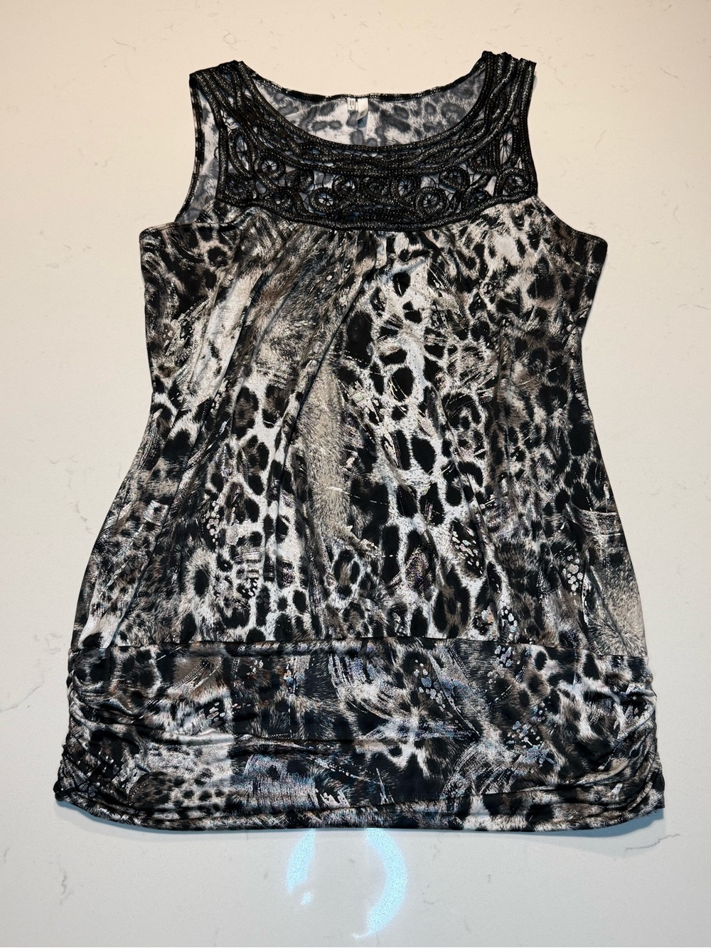 Sleeveless Animal Print Tank Top with Embellished Yoke - Black/Gray